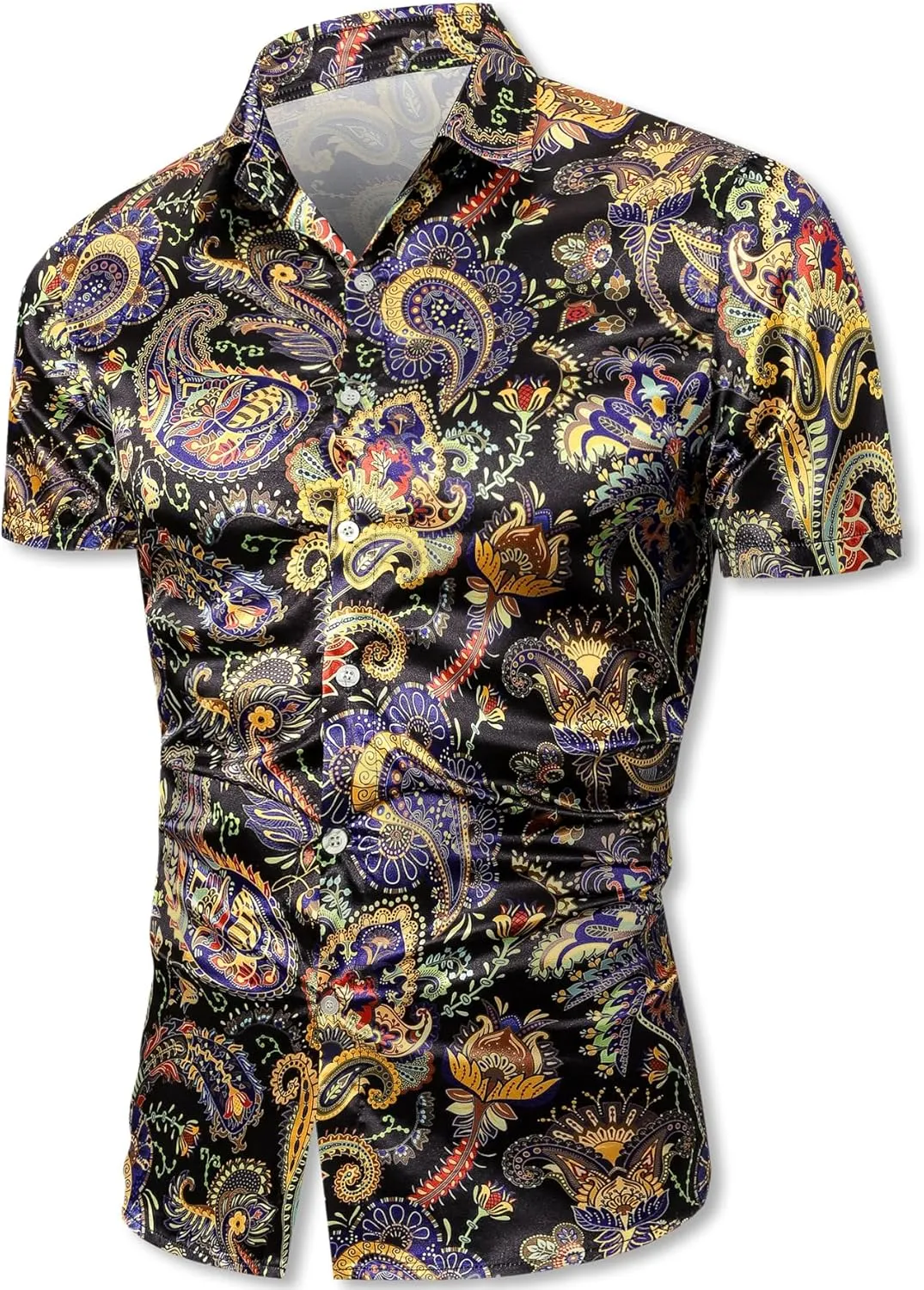 QZH.DUAO Mens 70s Disco Party Shirts Casual Paisley Button Down Shirt Vintage Floral Hawaiian Beach Short Sleeve Shirt