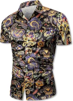 QZH.DUAO Mens 70s Disco Party Shirts Casual Paisley Button Down Shirt Vintage Floral Hawaiian Beach Short Sleeve Shirt
