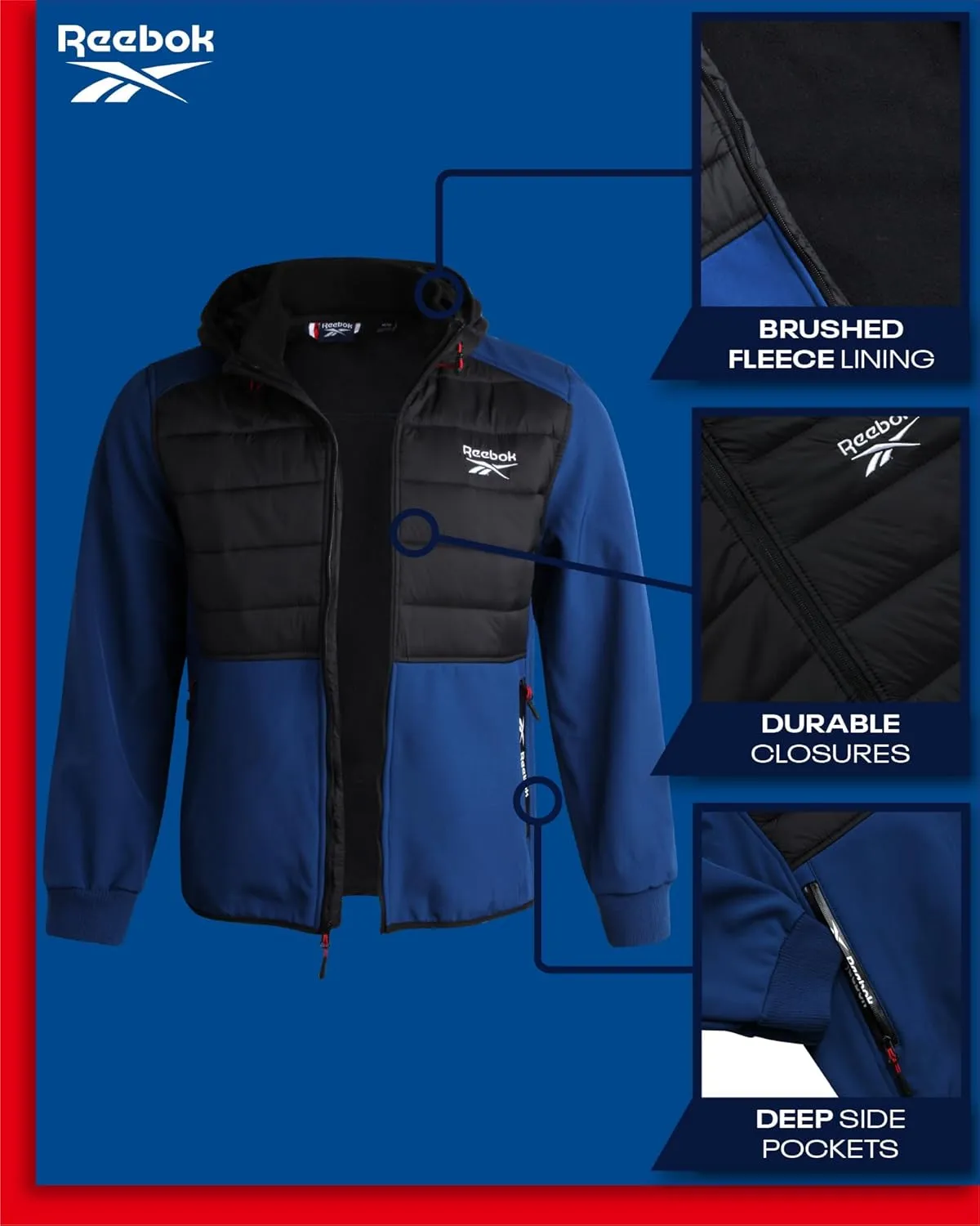 Reebok Men's Softshell Jacket - Lightweight Hooded Weather Resistant Jacket for Men with Nylon Quilted Chest (S-XXL)