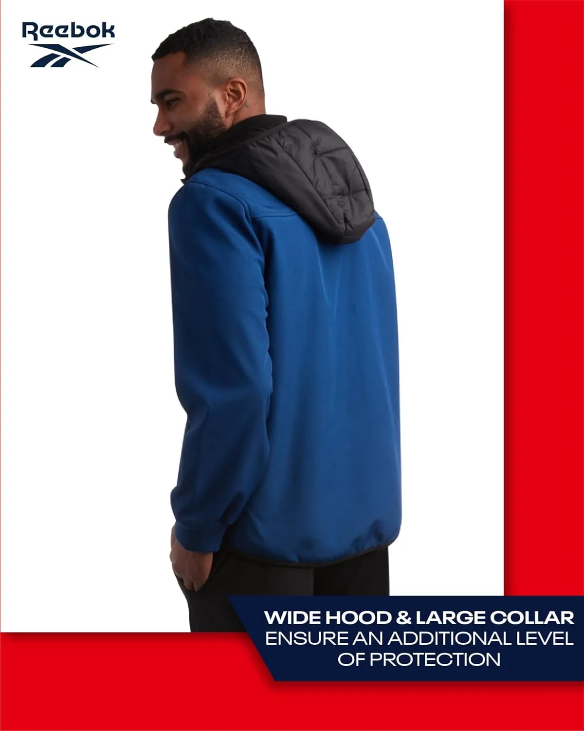 Reebok Men's Softshell Jacket - Lightweight Hooded Weather Resistant Jacket for Men with Nylon Quilted Chest (S-XXL)