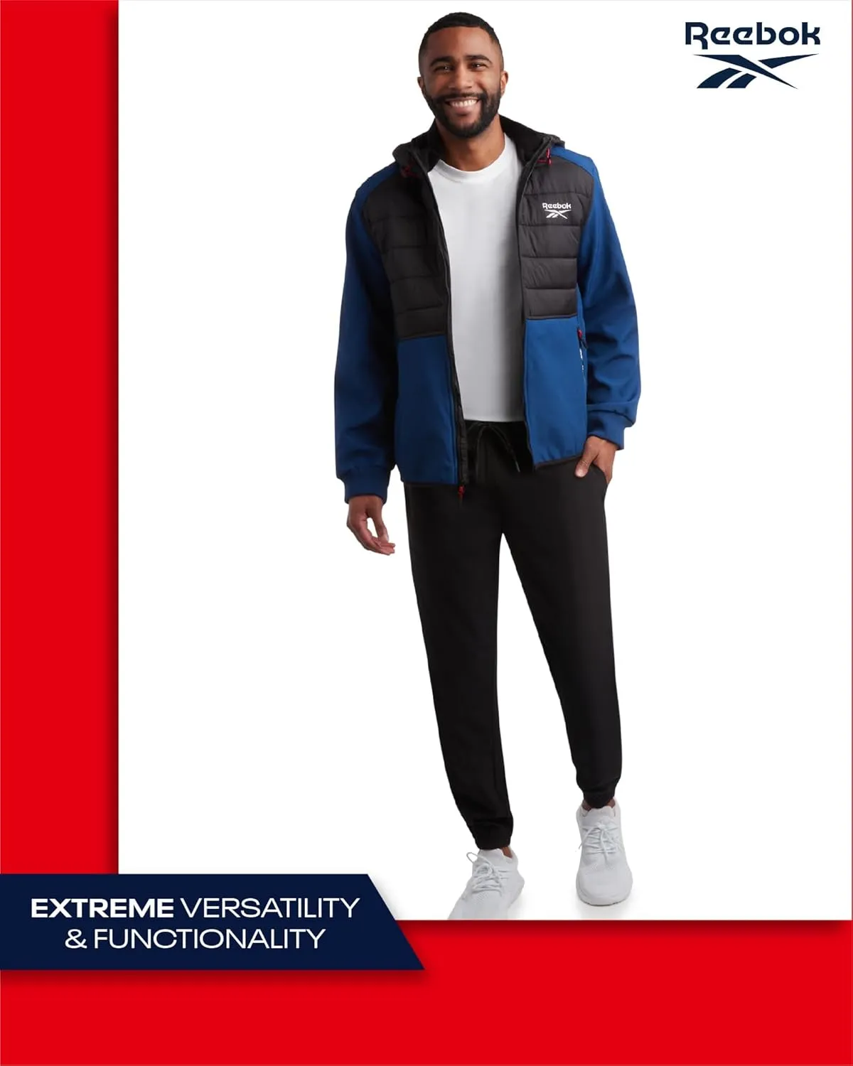 Reebok Men's Softshell Jacket - Lightweight Hooded Weather Resistant Jacket for Men with Nylon Quilted Chest (S-XXL)