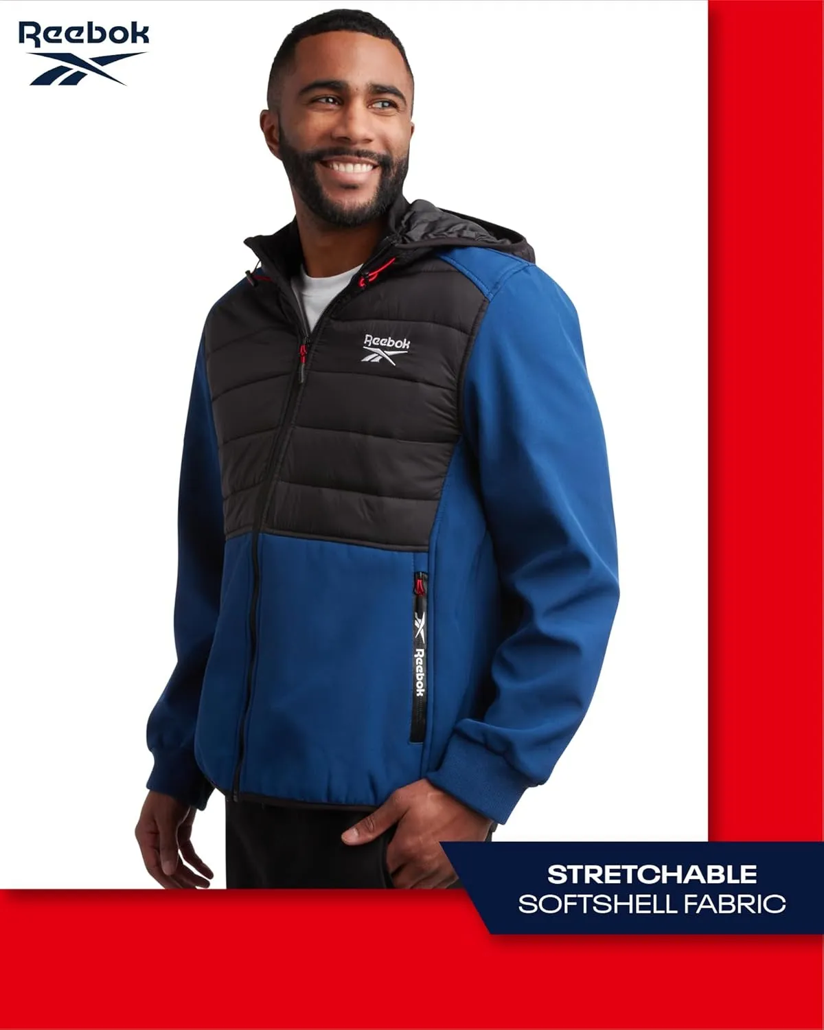 Reebok Men's Softshell Jacket - Lightweight Hooded Weather Resistant Jacket for Men with Nylon Quilted Chest (S-XXL)