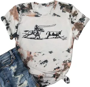 Retro Rodeo Shirt Women Cowgirl Bleached T Shirt Western Cowboy Rodeo Outfit Country Music Tee Short Sleeve Top