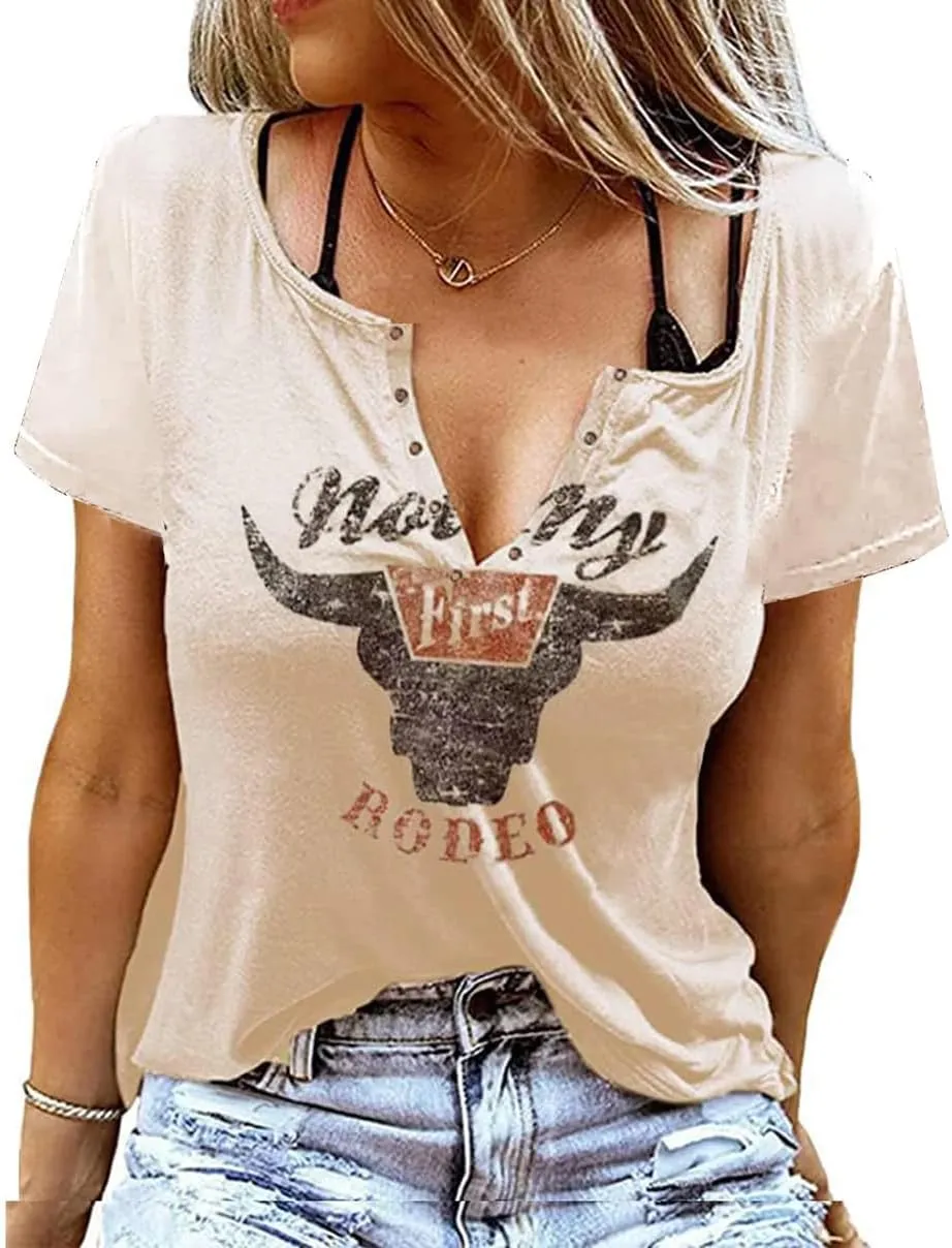 Retro Western Cowboy Shirt Women Country Music Cute Cattle Skull Graphic Concert Outfit Tops