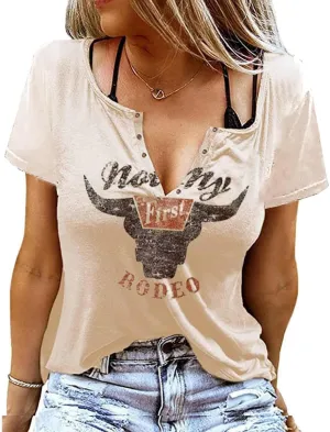 Retro Western Cowboy Shirt Women Country Music Cute Cattle Skull Graphic Concert Outfit Tops