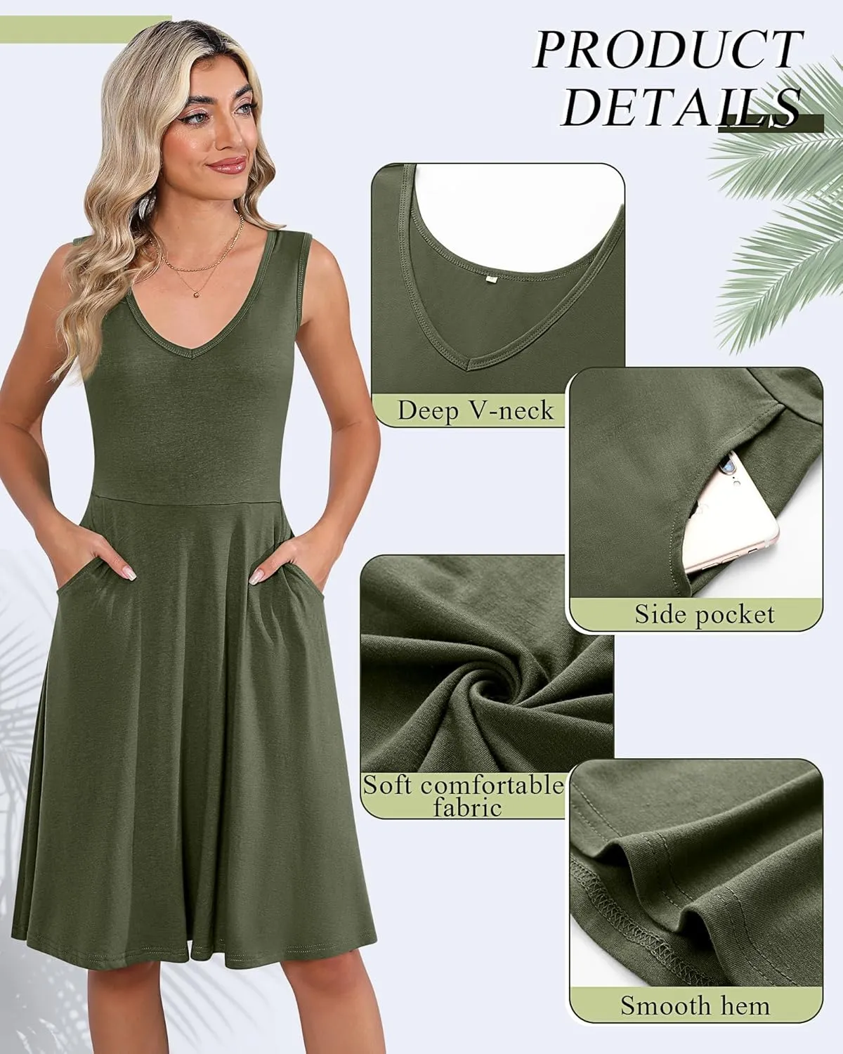 Riyiper 2 Pack Women's Sleeveless V Neck Dress with Pocket Beach Casual Sundress Summer A Line Flared Slim Tank Dress