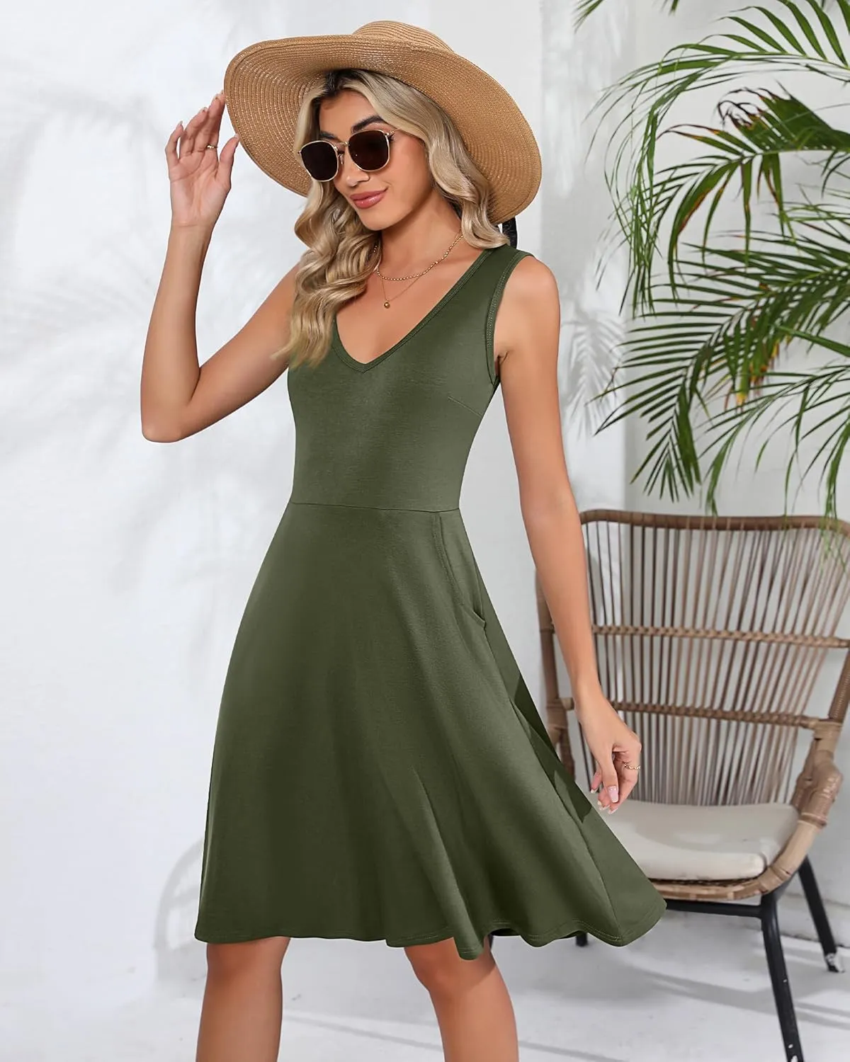 Riyiper 2 Pack Women's Sleeveless V Neck Dress with Pocket Beach Casual Sundress Summer A Line Flared Slim Tank Dress