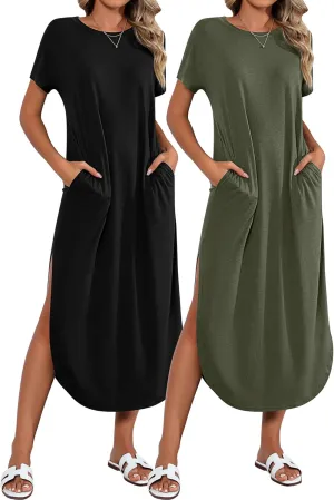 Riyiper 2 Pieces Women's Short Sleeve Maxi Dress Round Neck Casual Loose Split Long Summer Beach Shirt Dress with Pockets