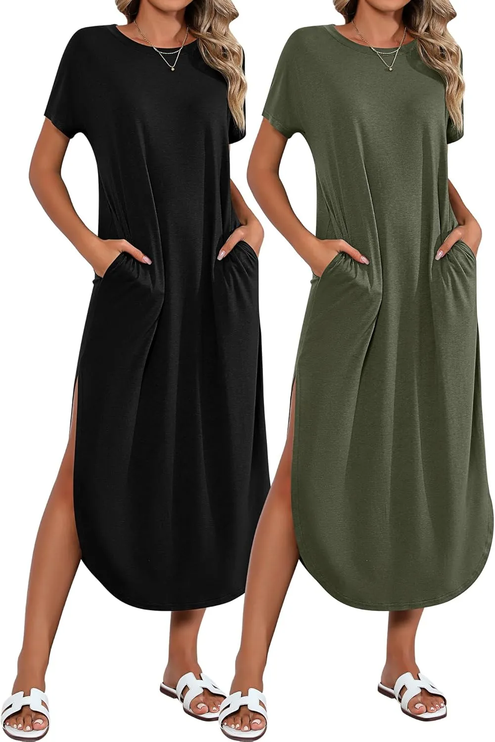 Riyiper 2 Pieces Women's Short Sleeve Maxi Dress Round Neck Casual Loose Split Long Summer Beach Shirt Dress with Pockets