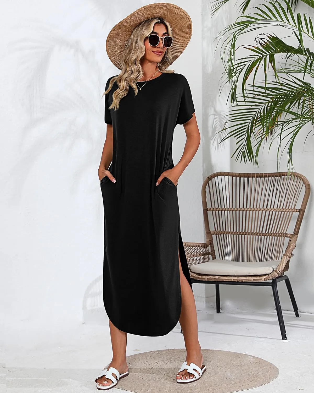 Riyiper 2 Pieces Women's Short Sleeve Maxi Dress Round Neck Casual Loose Split Long Summer Beach Shirt Dress with Pockets