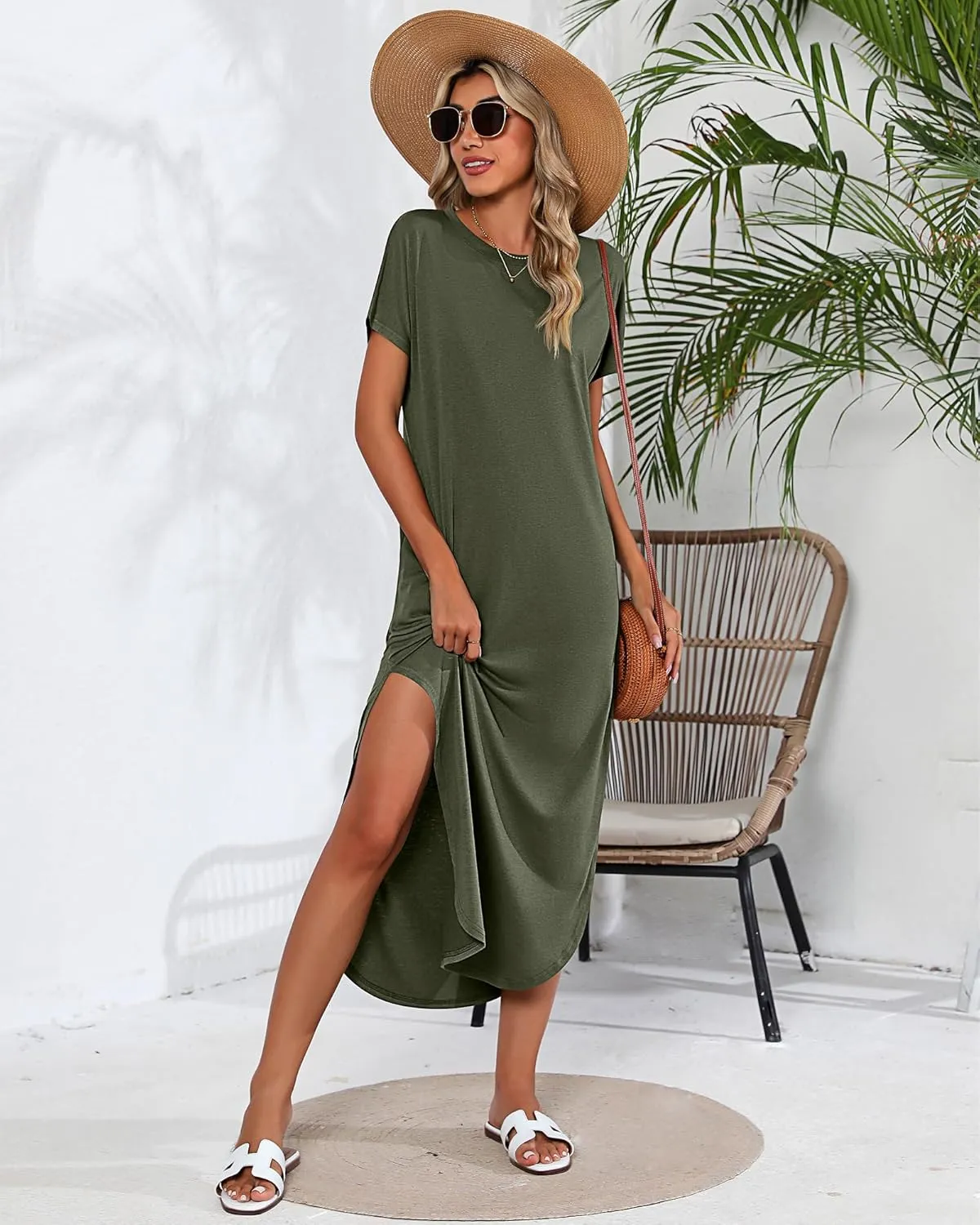 Riyiper 2 Pieces Women's Short Sleeve Maxi Dress Round Neck Casual Loose Split Long Summer Beach Shirt Dress with Pockets
