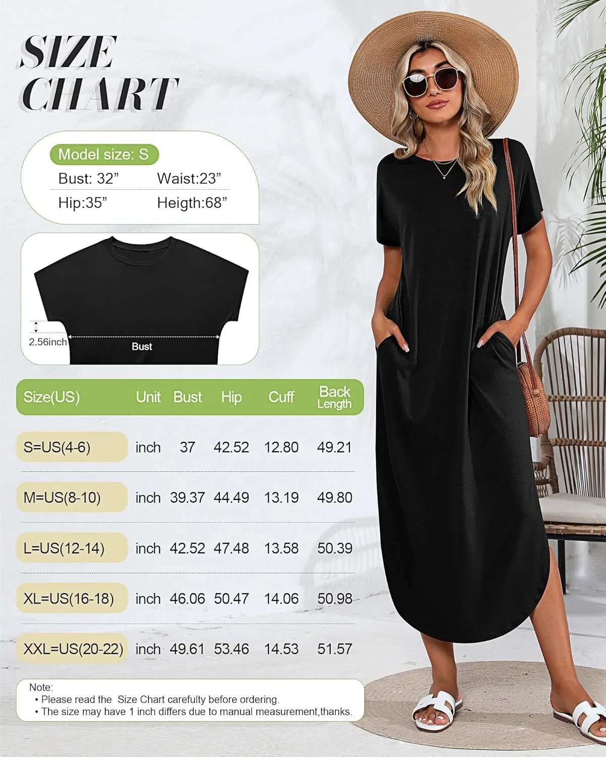 Riyiper 2 Pieces Women's Short Sleeve Maxi Dress Round Neck Casual Loose Split Long Summer Beach Shirt Dress with Pockets