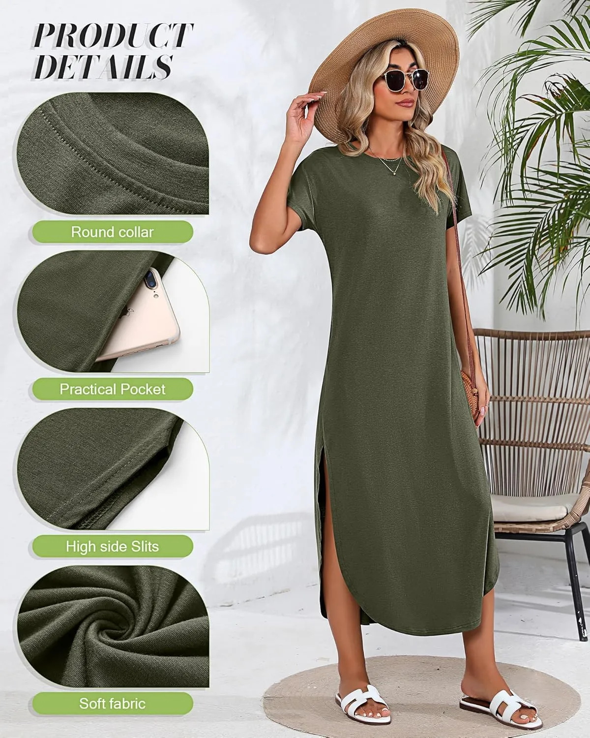 Riyiper 2 Pieces Women's Short Sleeve Maxi Dress Round Neck Casual Loose Split Long Summer Beach Shirt Dress with Pockets