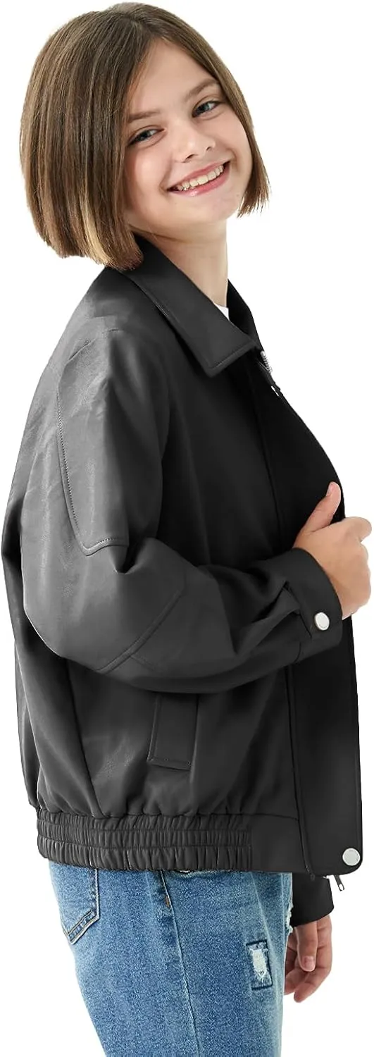 Rolanko Girls Faux Leather Jacket Kids Zip Up Motorcycle Biker Outerwear Coat Pleather Bomber Jacket with Pockets 5-15 Years