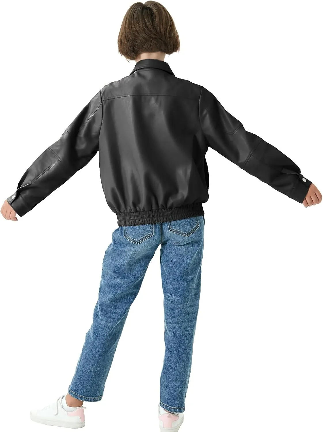Rolanko Girls Faux Leather Jacket Kids Zip Up Motorcycle Biker Outerwear Coat Pleather Bomber Jacket with Pockets 5-15 Years