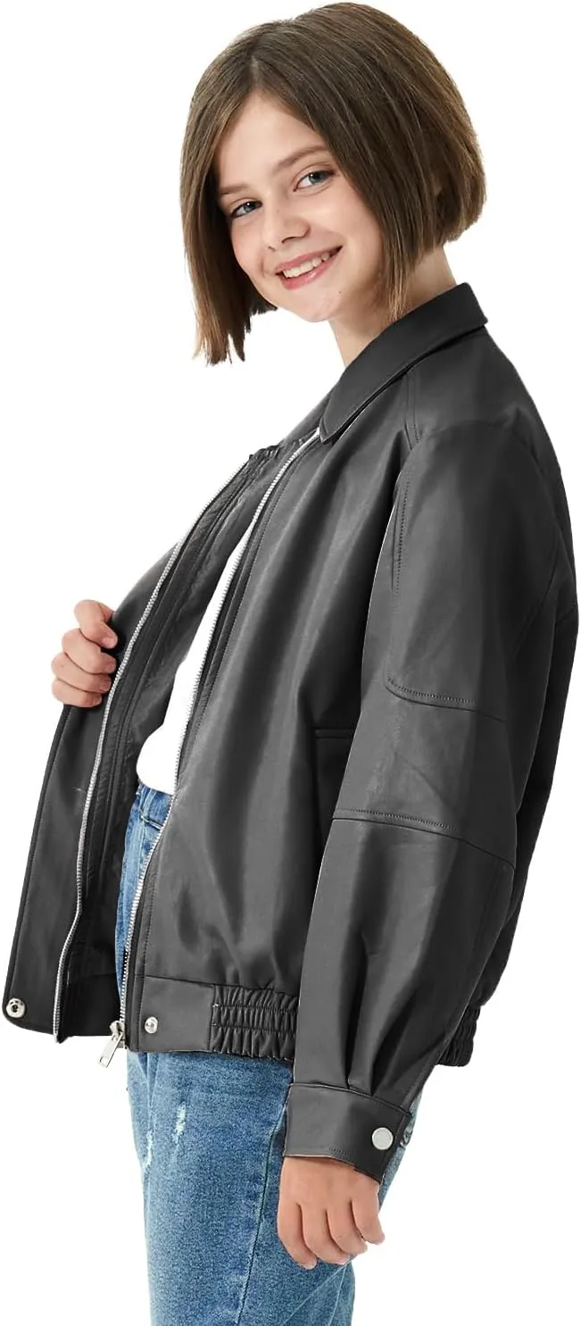 Rolanko Girls Faux Leather Jacket Kids Zip Up Motorcycle Biker Outerwear Coat Pleather Bomber Jacket with Pockets 5-15 Years