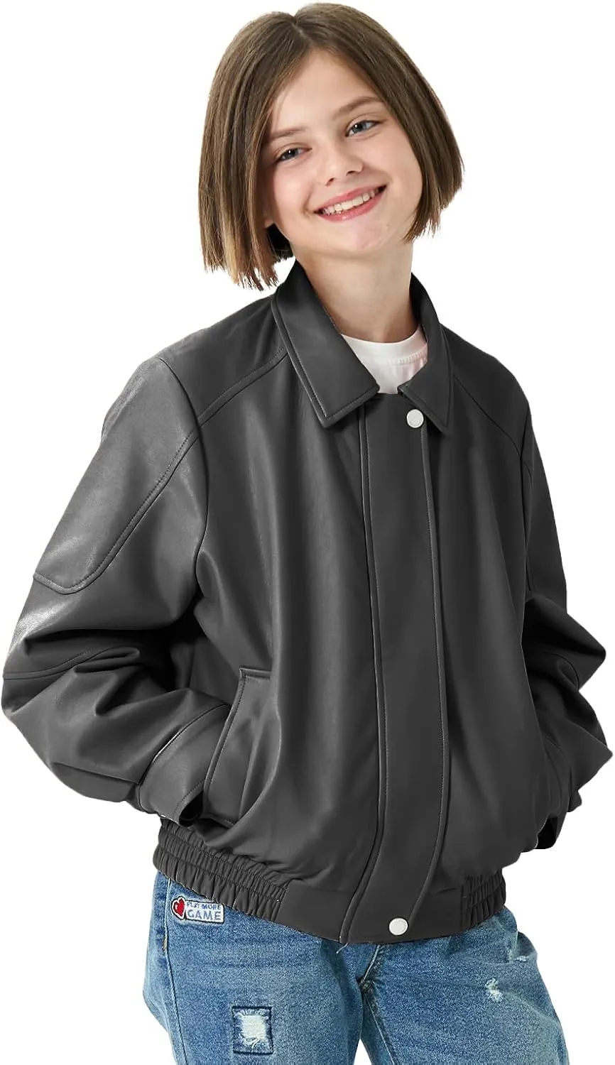Rolanko Girls Faux Leather Jacket Kids Zip Up Motorcycle Biker Outerwear Coat Pleather Bomber Jacket with Pockets 5-15 Years