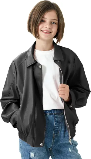 Rolanko Girls Faux Leather Jacket Kids Zip Up Motorcycle Biker Outerwear Coat Pleather Bomber Jacket with Pockets 5-15 Years