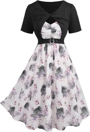 Rosegal Plus Size Women Floral Sundress Set Chiffon Vintage Cami Dress and Twist Ribbed Crop Set Dress