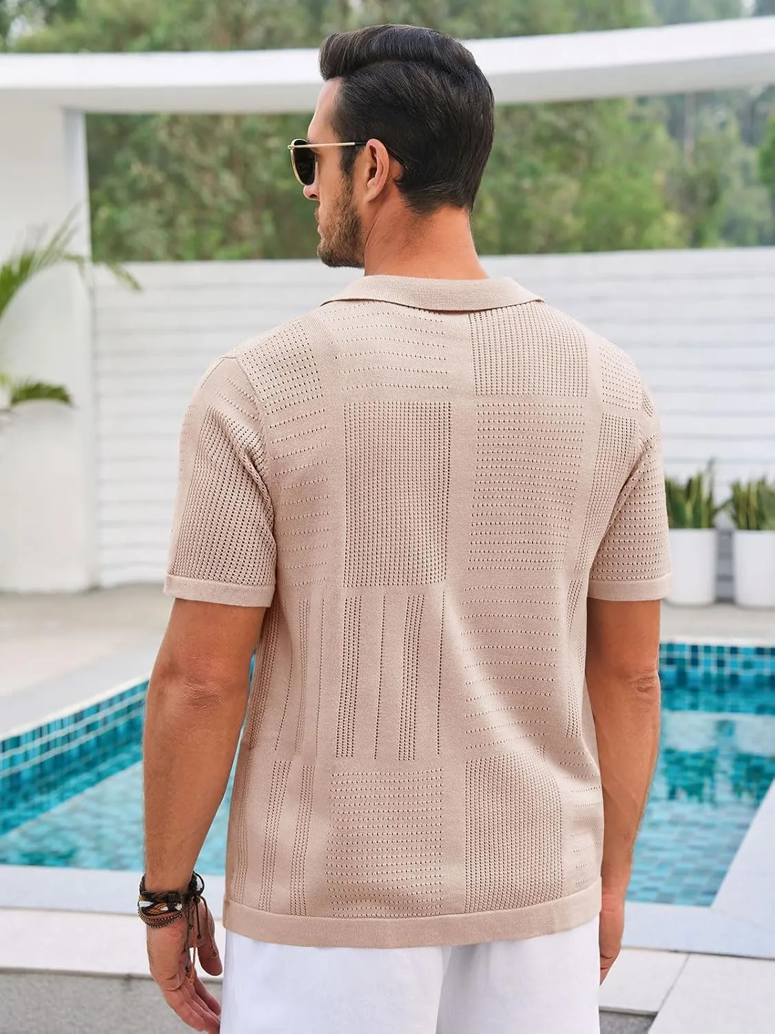Runcati Mens Knit Button Down Shirt Casual Short Sleeve Cotton Polo Shirt Hollow Out Summer Beach Tops