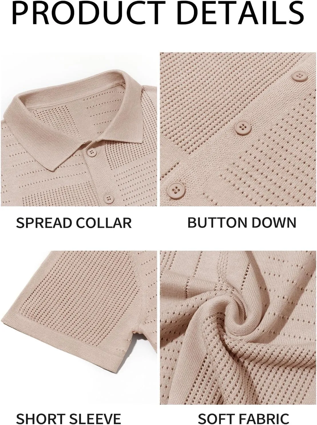 Runcati Mens Knit Button Down Shirt Casual Short Sleeve Cotton Polo Shirt Hollow Out Summer Beach Tops