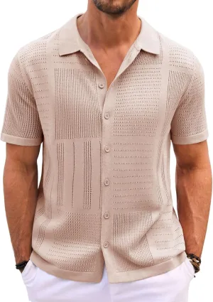 Runcati Mens Knit Button Down Shirt Casual Short Sleeve Cotton Polo Shirt Hollow Out Summer Beach Tops