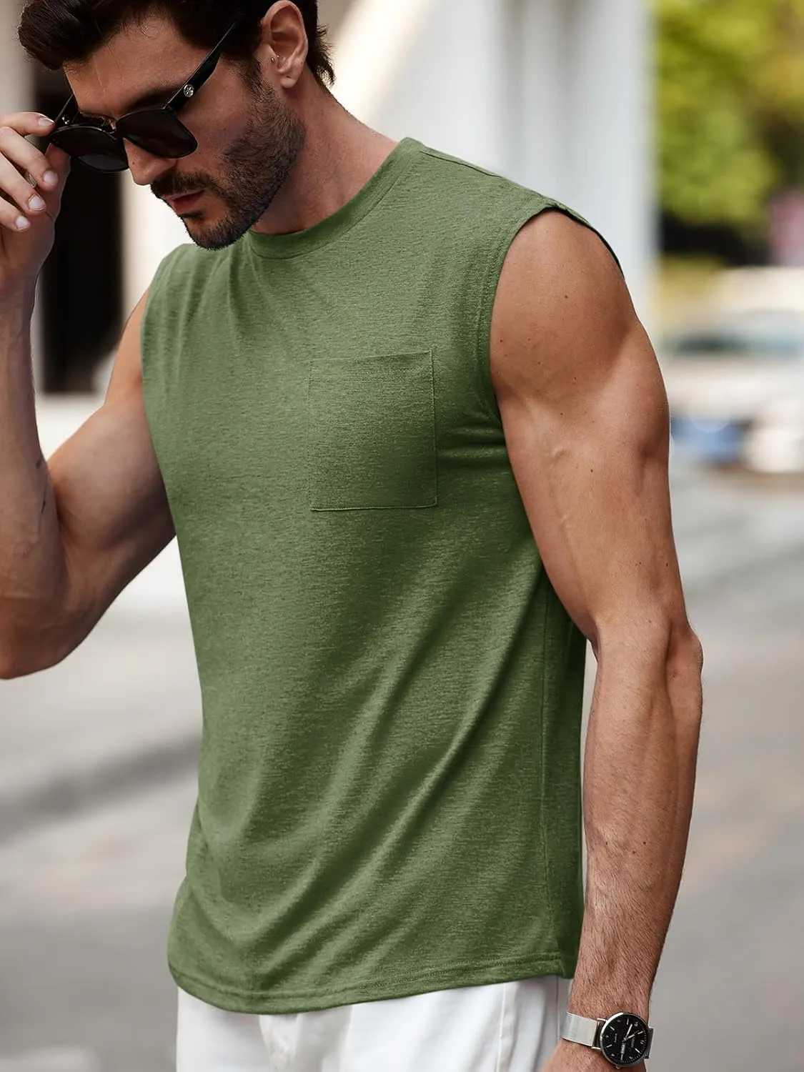 Runcati Mens Sleeveless Tank Tops Workout Cut Off Muscle Shirts Gym Casual Beach Summer Tee with Pocket