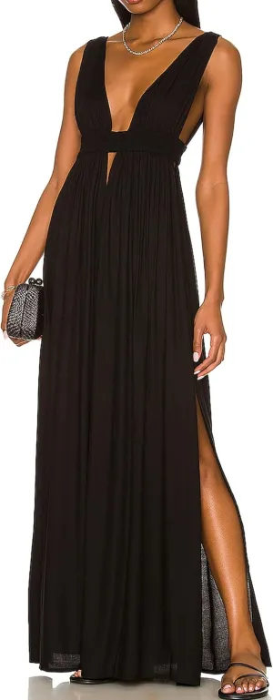 R.Vivimos Boho Dress for Women Sexy Deep V Neck Sleeveless Hollow Out Backless Casual Side Slit Maxi Dress