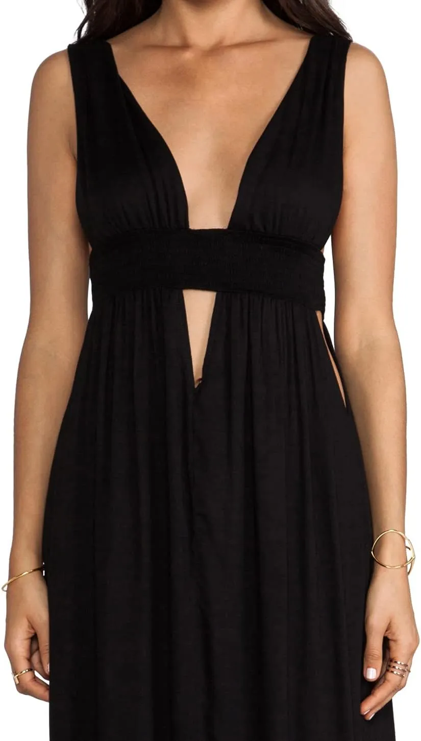 R.Vivimos Boho Dress for Women Sexy Deep V Neck Sleeveless Hollow Out Backless Casual Side Slit Maxi Dress