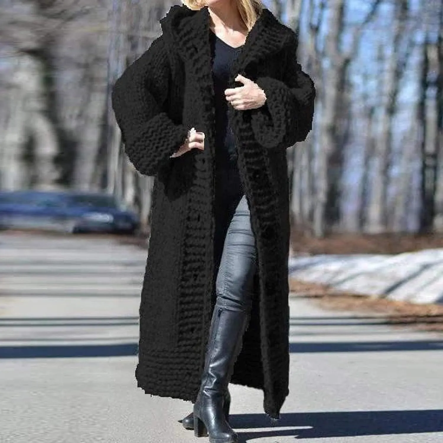 SACFOF Women Hooded Open Front Cardigan Cable Knit Sweaters Winter Solid Color Chunky Button Long Sweater Coats