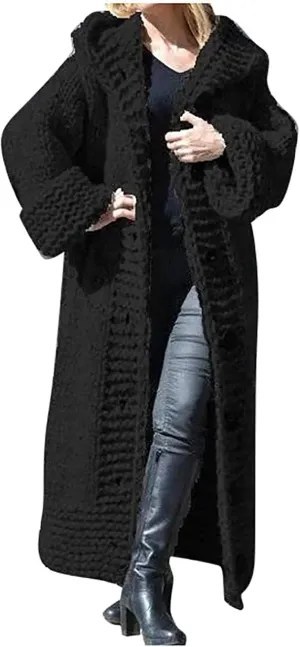 SACFOF Women Hooded Open Front Cardigan Cable Knit Sweaters Winter Solid Color Chunky Button Long Sweater Coats