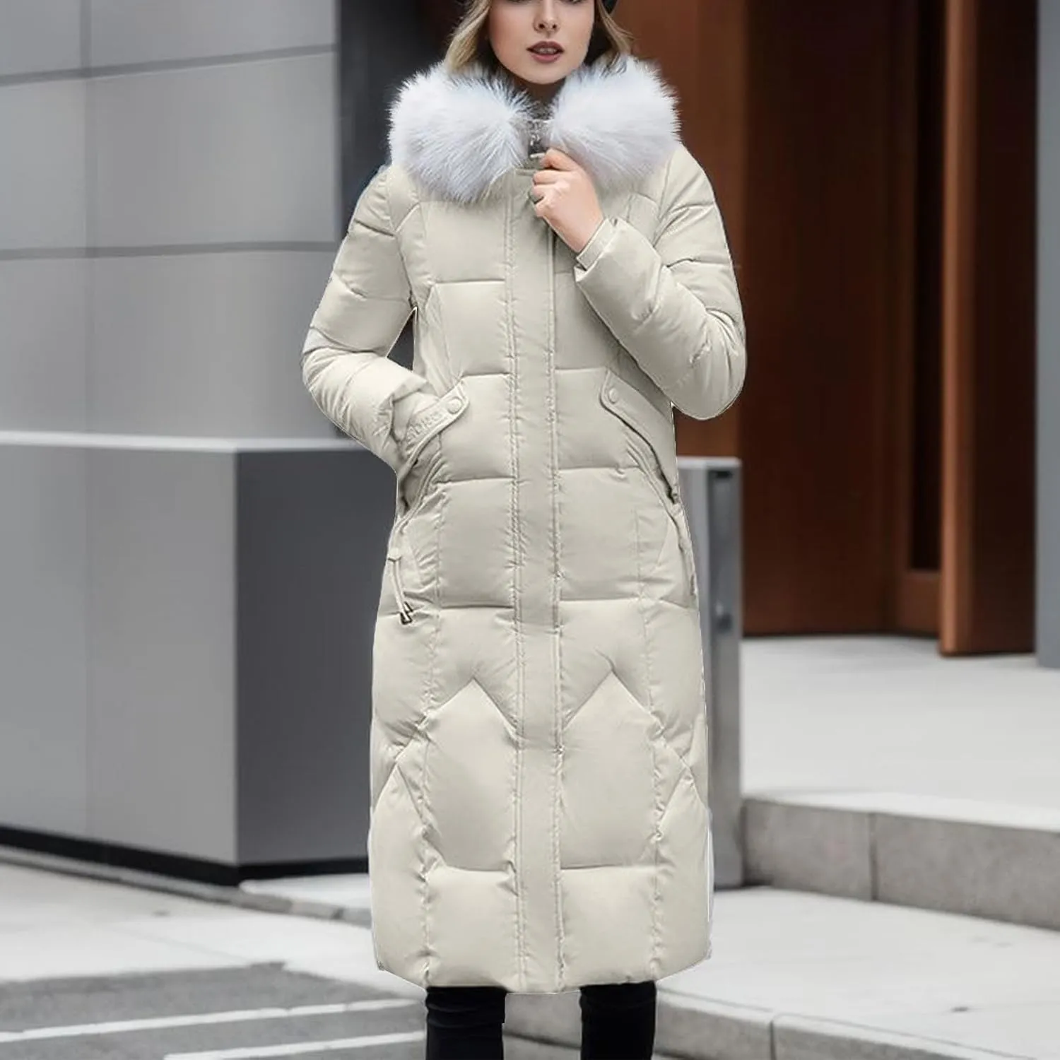 SACFOF Women's Quilted Down Jacket Winter Warm Long Coat Hooded Parka with Fur Collar Thicken Puffer Outwears