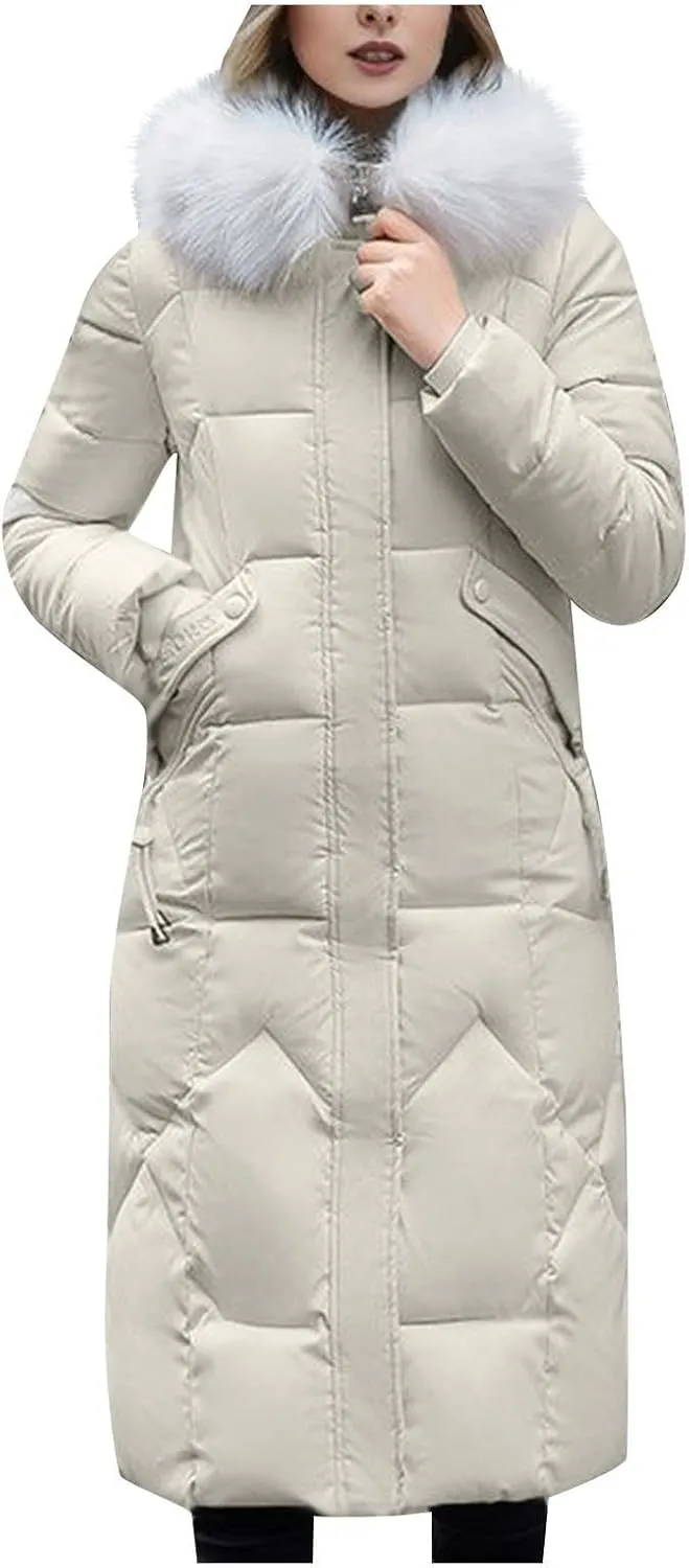 SACFOF Women's Quilted Down Jacket Winter Warm Long Coat Hooded Parka with Fur Collar Thicken Puffer Outwears