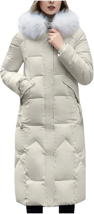 SACFOF Women's Quilted Down Jacket Winter Warm Long Coat Hooded Parka with Fur Collar Thicken Puffer Outwears
