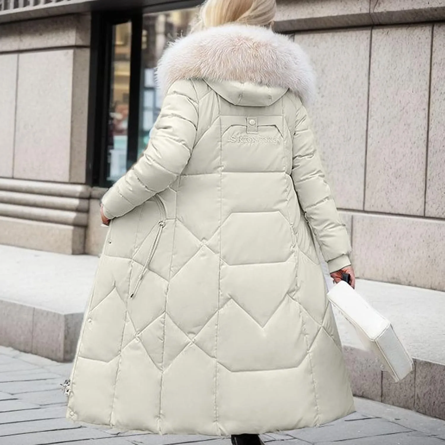 SACFOF Women's Quilted Down Jacket Winter Warm Long Coat Hooded Parka with Fur Collar Thicken Puffer Outwears