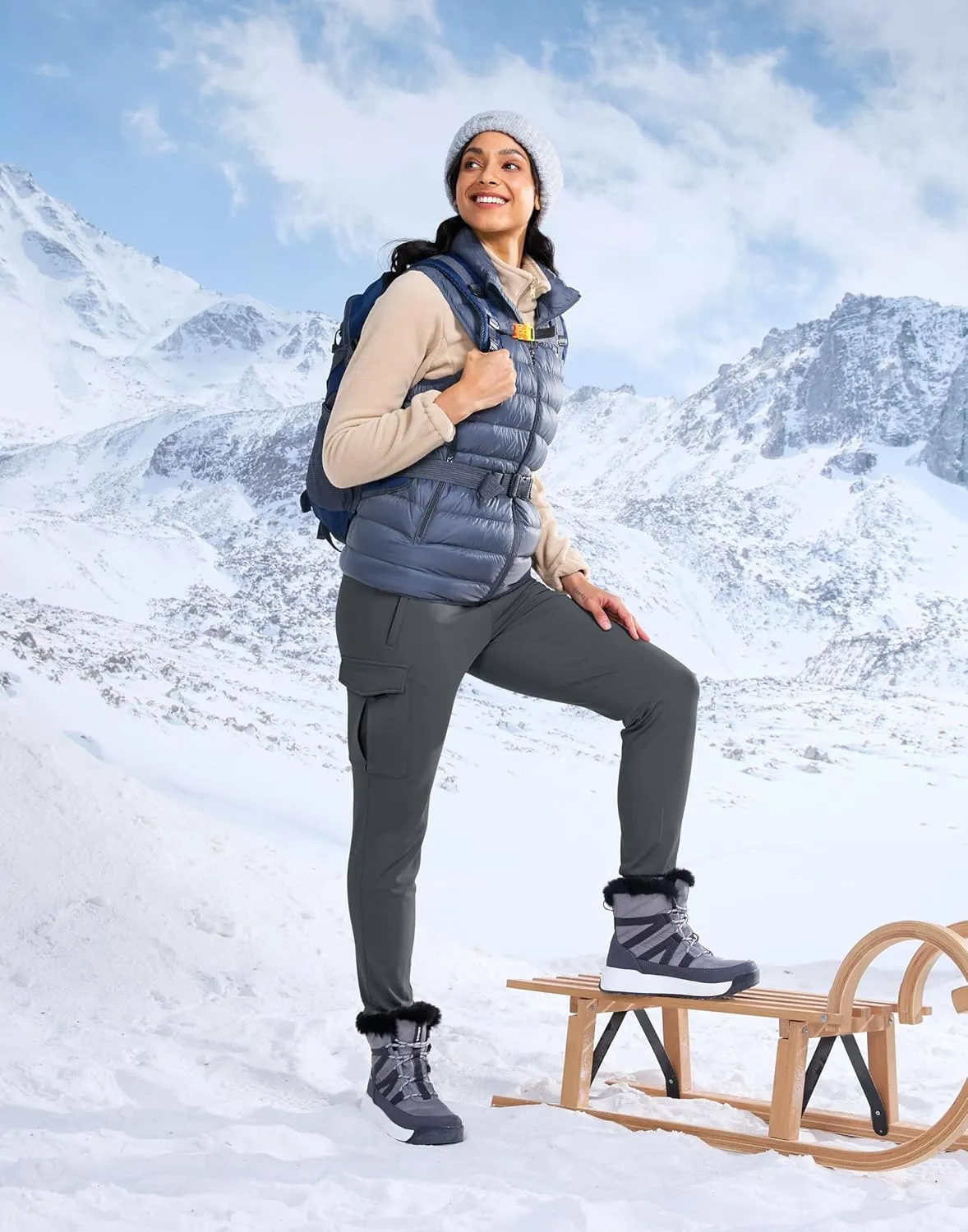 SANTINY Women Fleece Lined Cargo Joggers High Waisted Winter Warm Waterproof Hiking Pants with Zipper Pockets