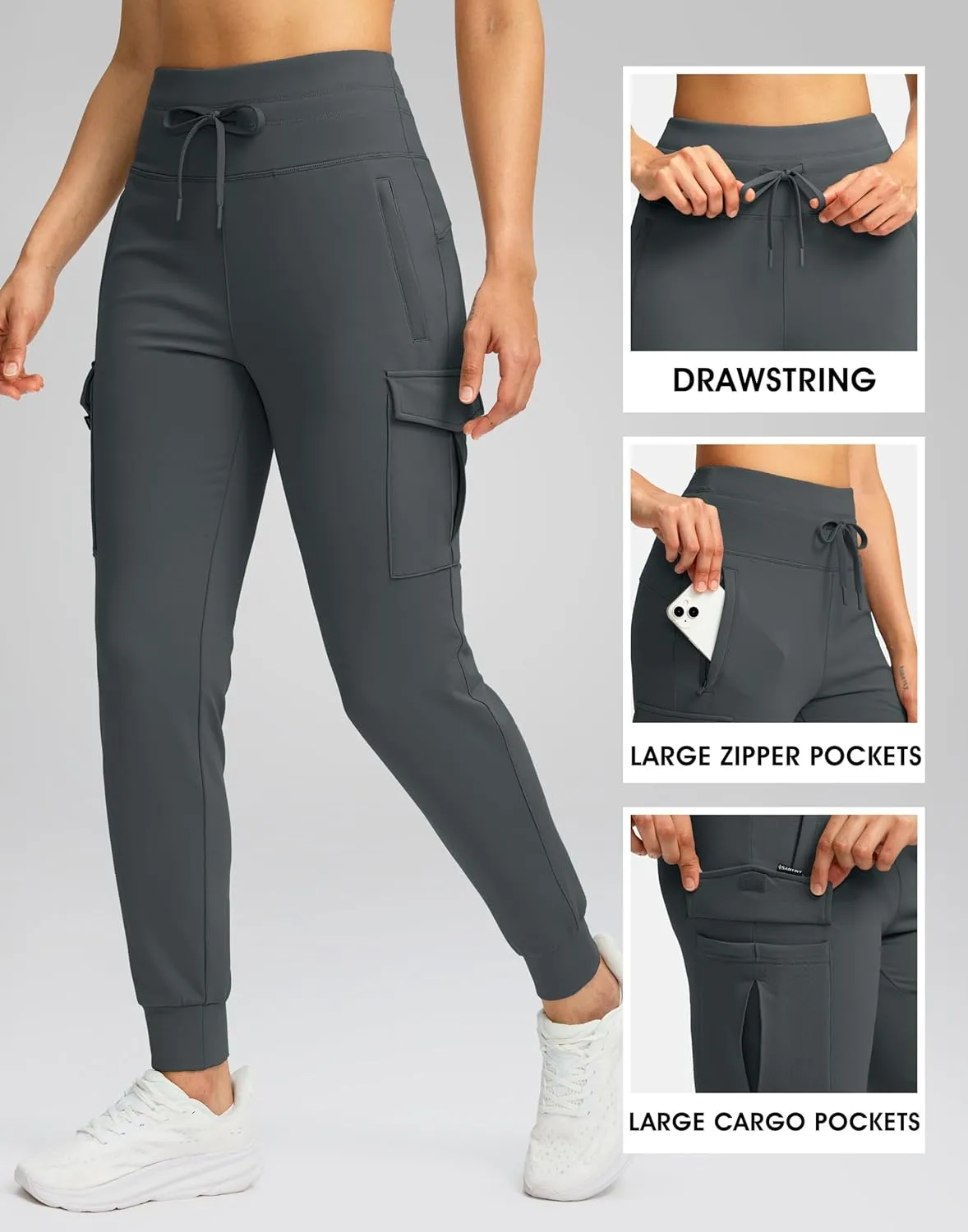 SANTINY Women Fleece Lined Cargo Joggers High Waisted Winter Warm Waterproof Hiking Pants with Zipper Pockets