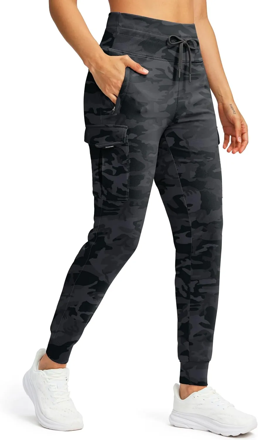SANTINY Women Fleece Lined Cargo Joggers High Waisted Winter Warm Waterproof Hiking Pants with Zipper Pockets