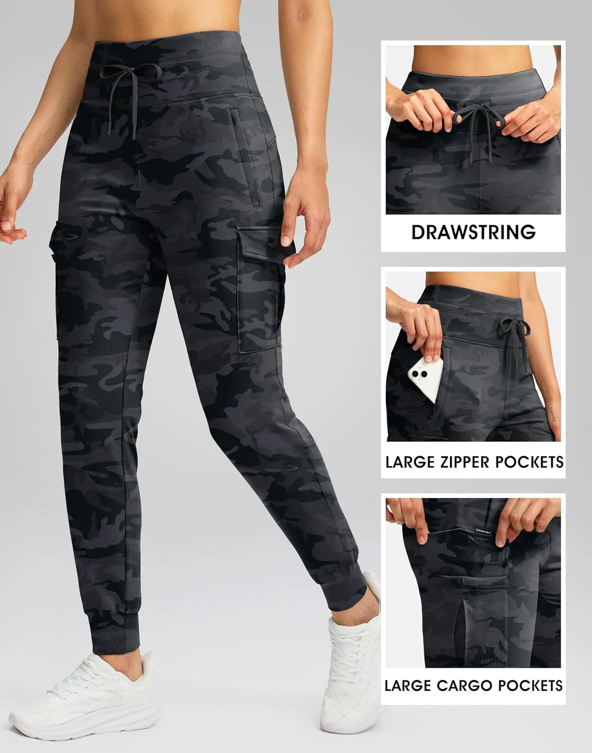 SANTINY Women Fleece Lined Cargo Joggers High Waisted Winter Warm Waterproof Hiking Pants with Zipper Pockets