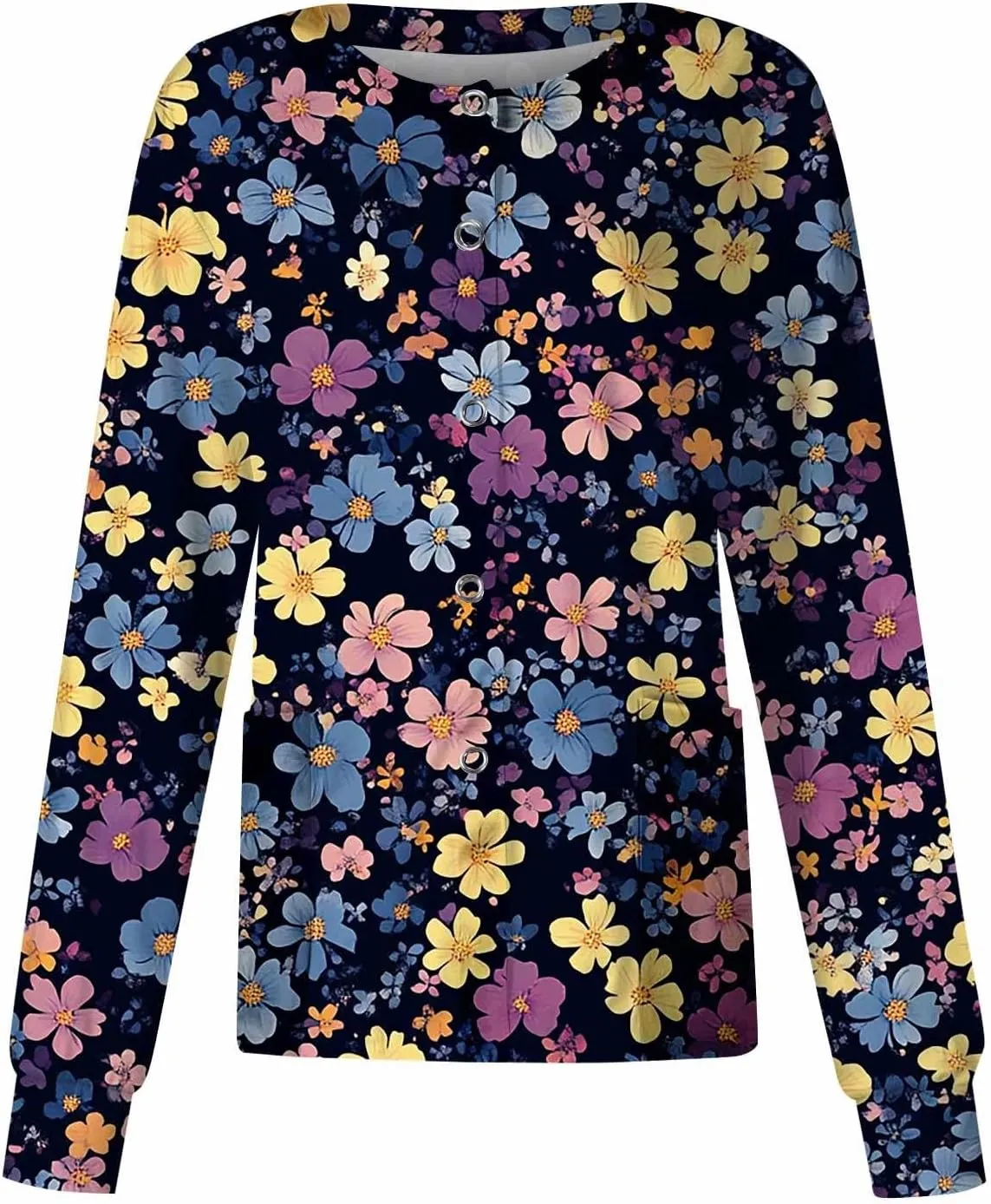 Scrub Jacket for Women Stretchy Patterned Long Sleeve Scrubs Uniforms Button Down Nursing Shirt with Pockets 5xl