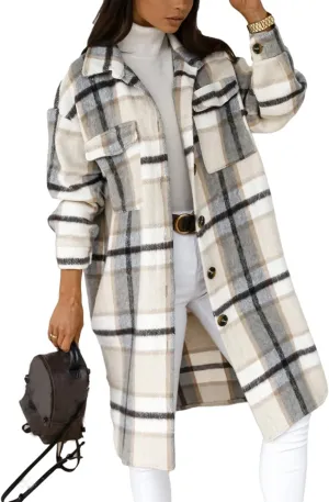 SeekMe Women's Long Plaid Shirt Jacket Shacket Lapel Button Down Woolen Blend Casual Tartan Over Shirt Trench Coat