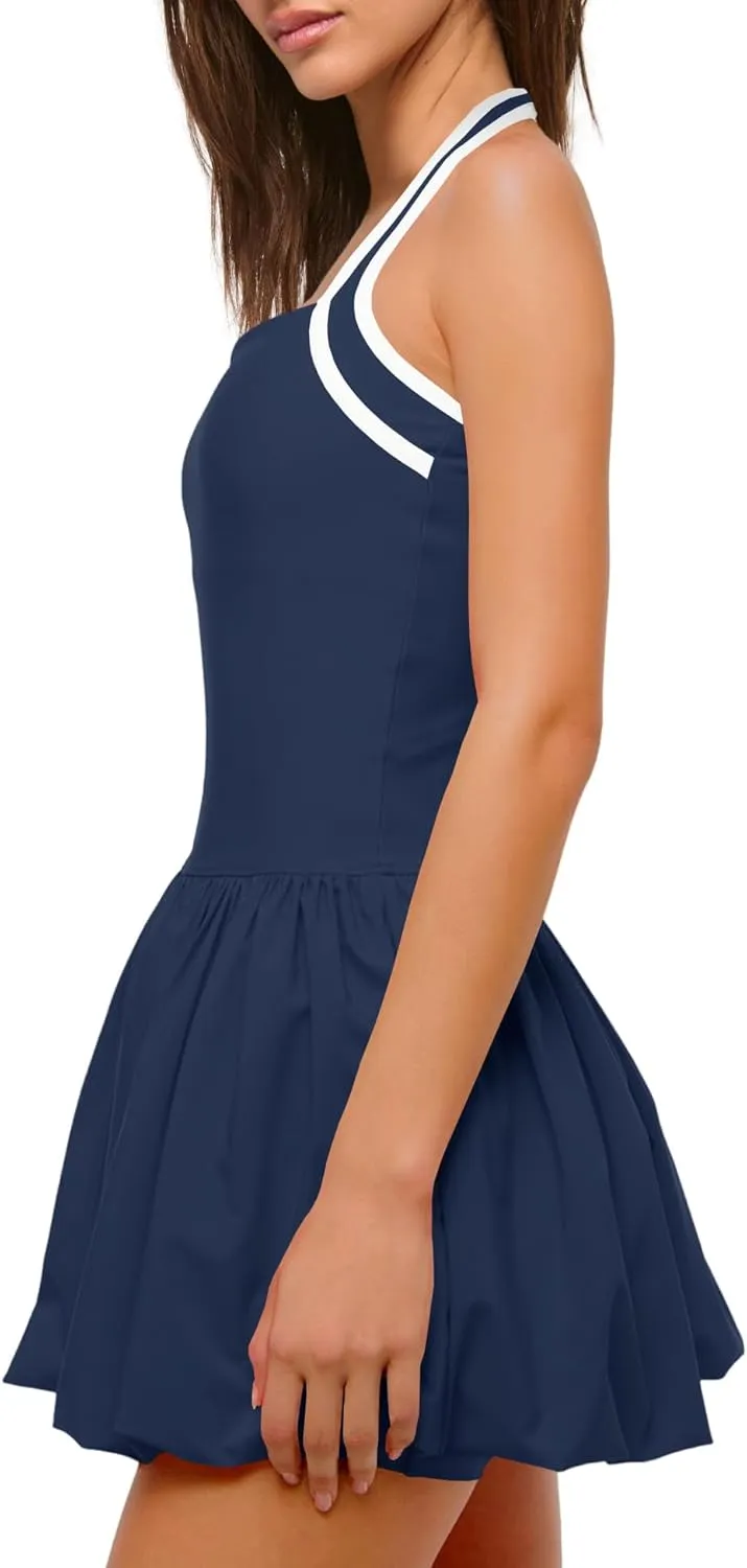 SENSERISE Womens Tennis Dress Built in Bra Halter Dress with Shorts Underneath Workout One Piece Golf Outfits
