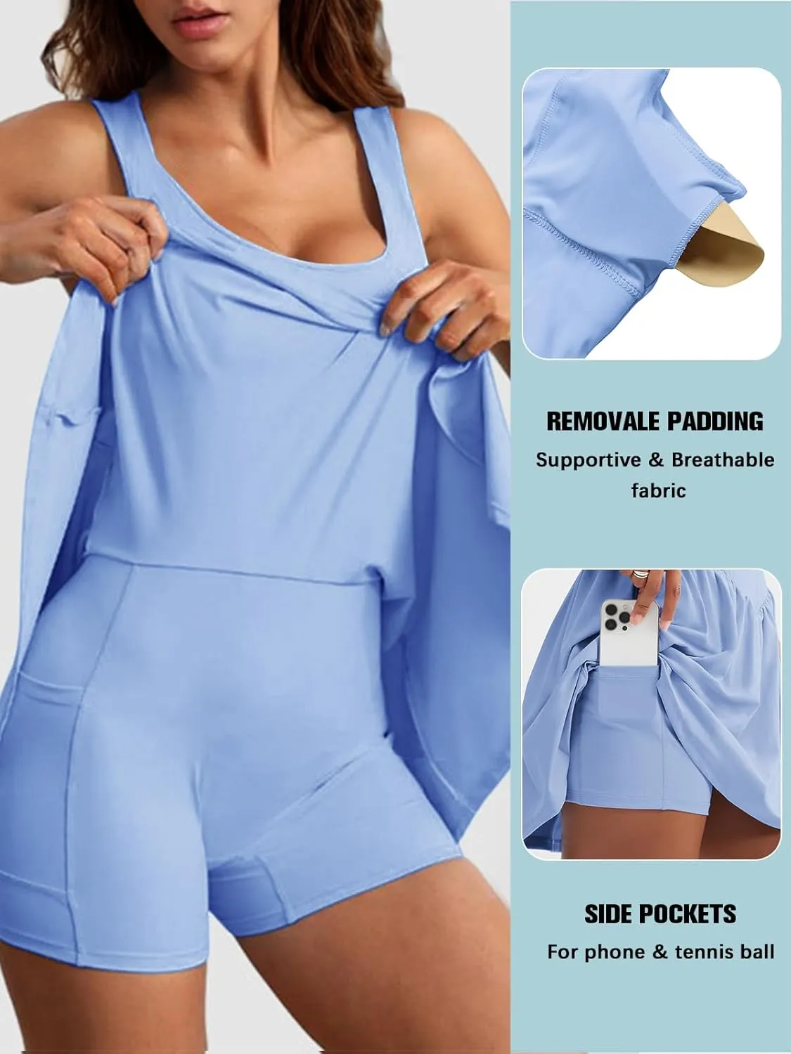 Sexyasasii Women's Summer Athletic Tennis Dress with Built in Shorts and Bra Square Neck Workout Exercise Active Golf Dresses