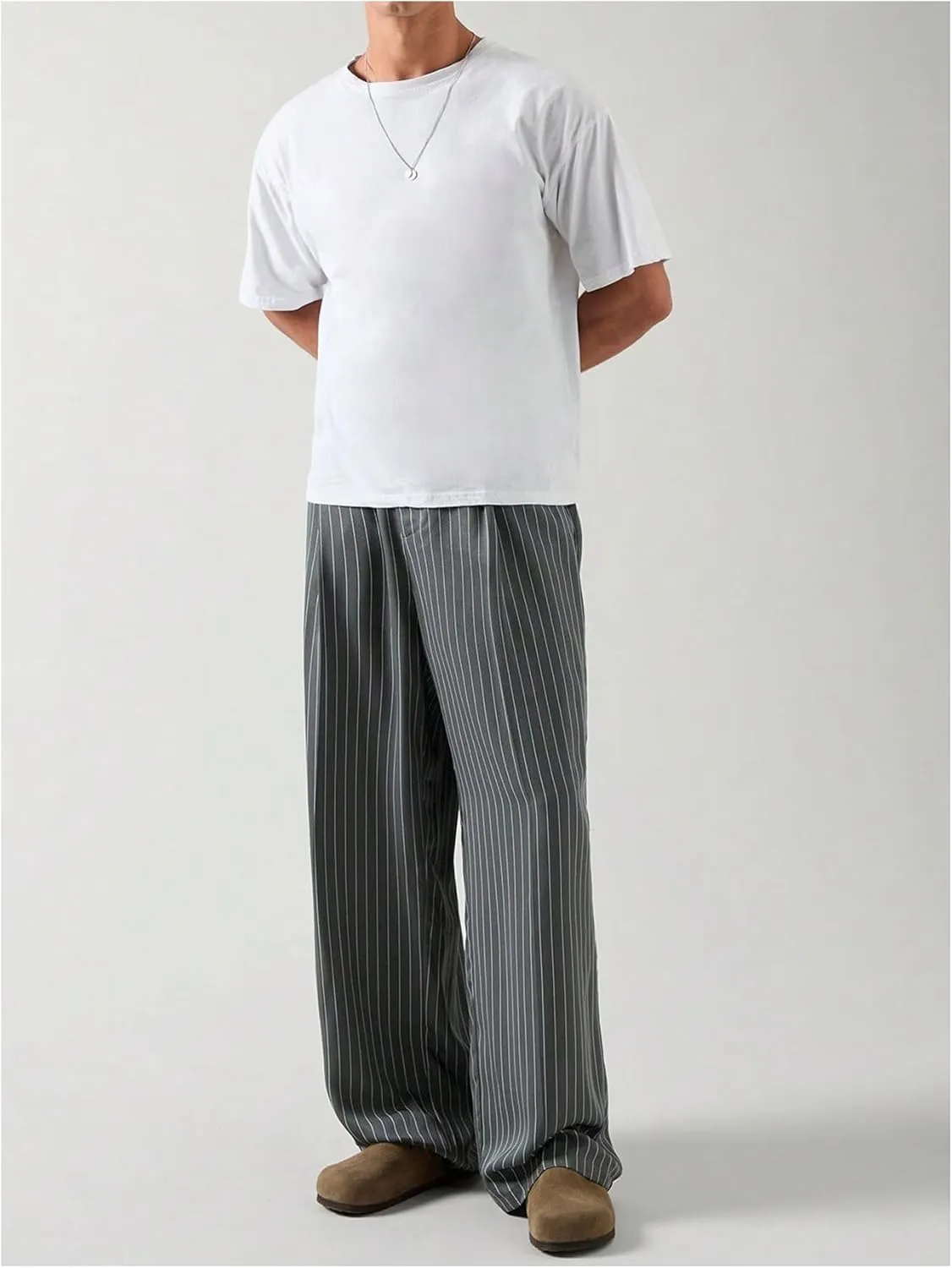 SHENHE Men's Striped Wide Leg Zipper Fly Pants Business Casual Pleated Pants with Pocket