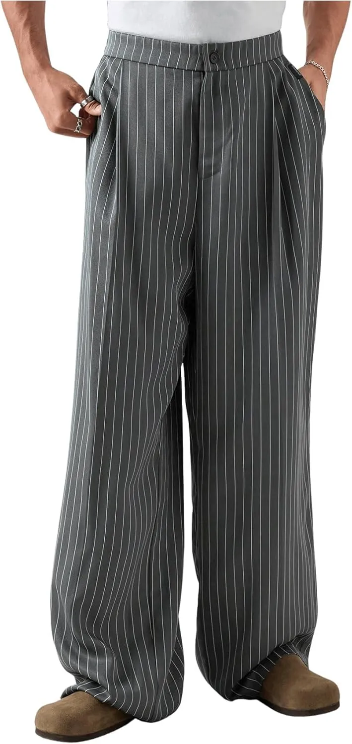 SHENHE Men's Striped Wide Leg Zipper Fly Pants Business Casual Pleated Pants with Pocket