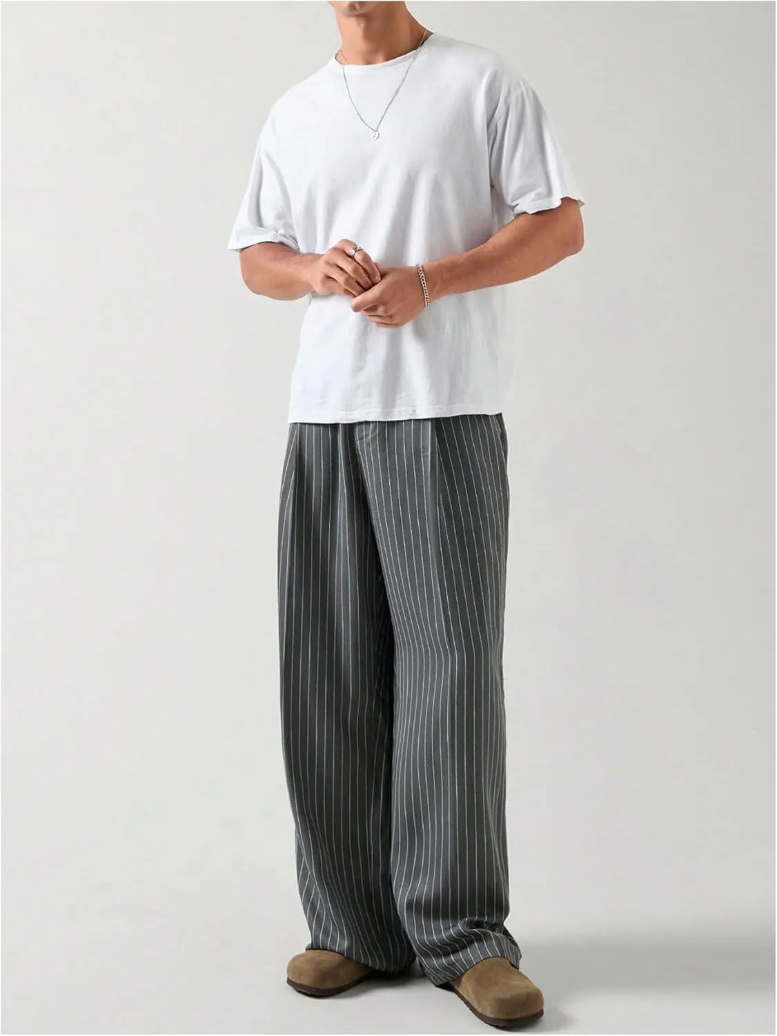 SHENHE Men's Striped Wide Leg Zipper Fly Pants Business Casual Pleated Pants with Pocket