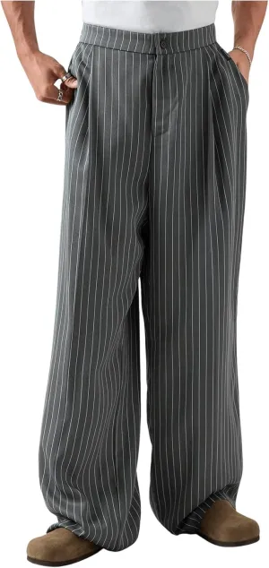 SHENHE Men's Striped Wide Leg Zipper Fly Pants Business Casual Pleated Pants with Pocket