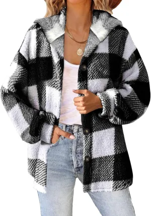 Sherpa Jacket For Women Fuzzy Fleece Winter Coats Plaid Button Down Shacket Casual Warm Teddy Coat Outwear 2023