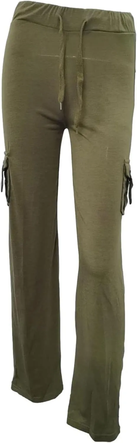SHOPESSA Wide Leg Cargo Pants for Women High Rise Yoga Leggings with Pockets Plus Size Y2K Drawstring Straight Leg Pants