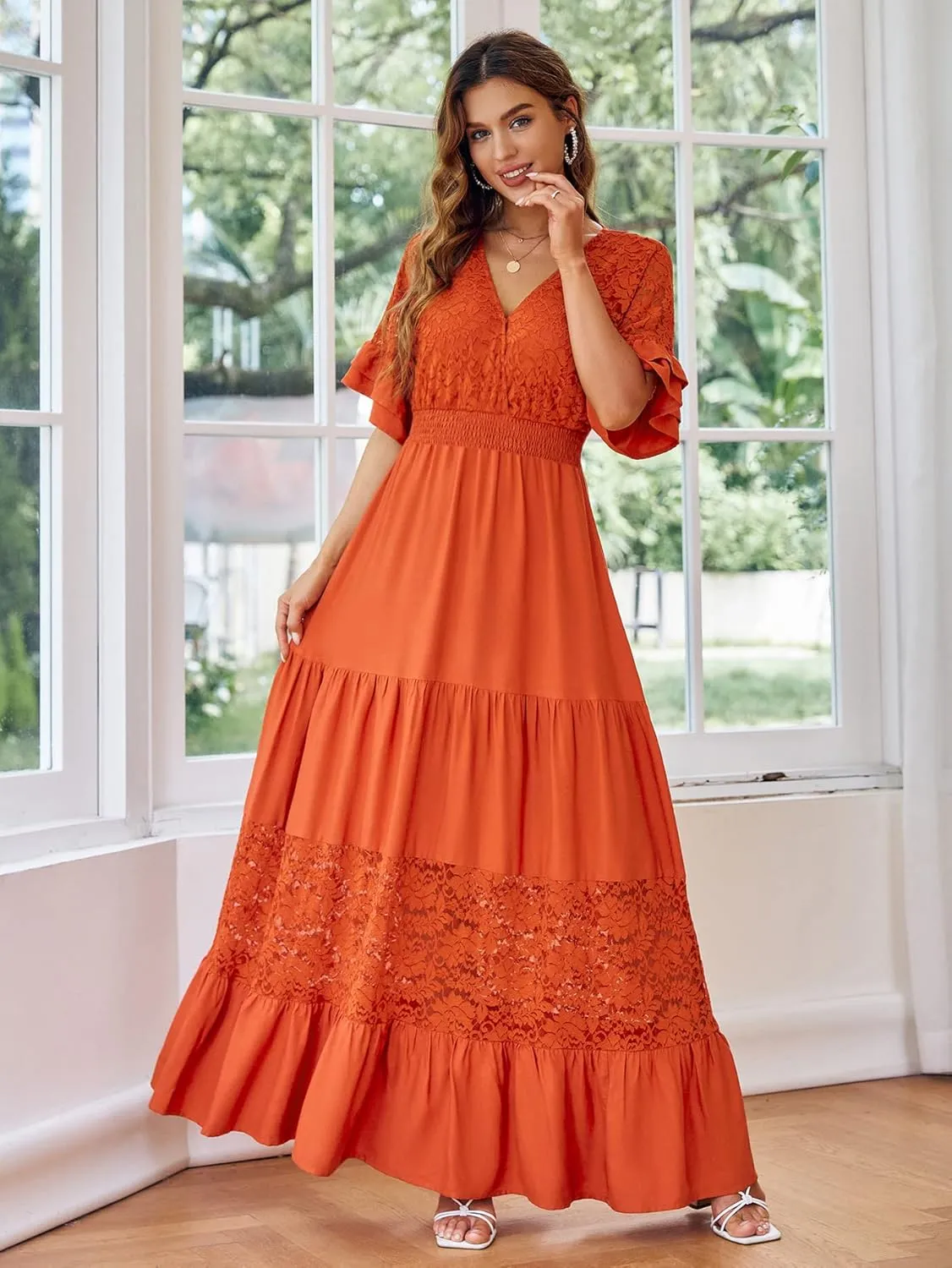 Simplee Women V Neck Formal Lace Maxi Dress Ruffle Flowy Short Sleeve Boho Wedding Guest Long Dress